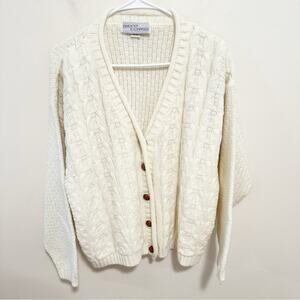 Vintage 90s Fisherman Cable Knit Cardigan - Sweater Exchange - Cream Ivory - Lar